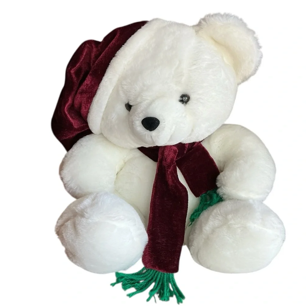Fiesta White Teddy Bear with Burgundy Hat and Scarf